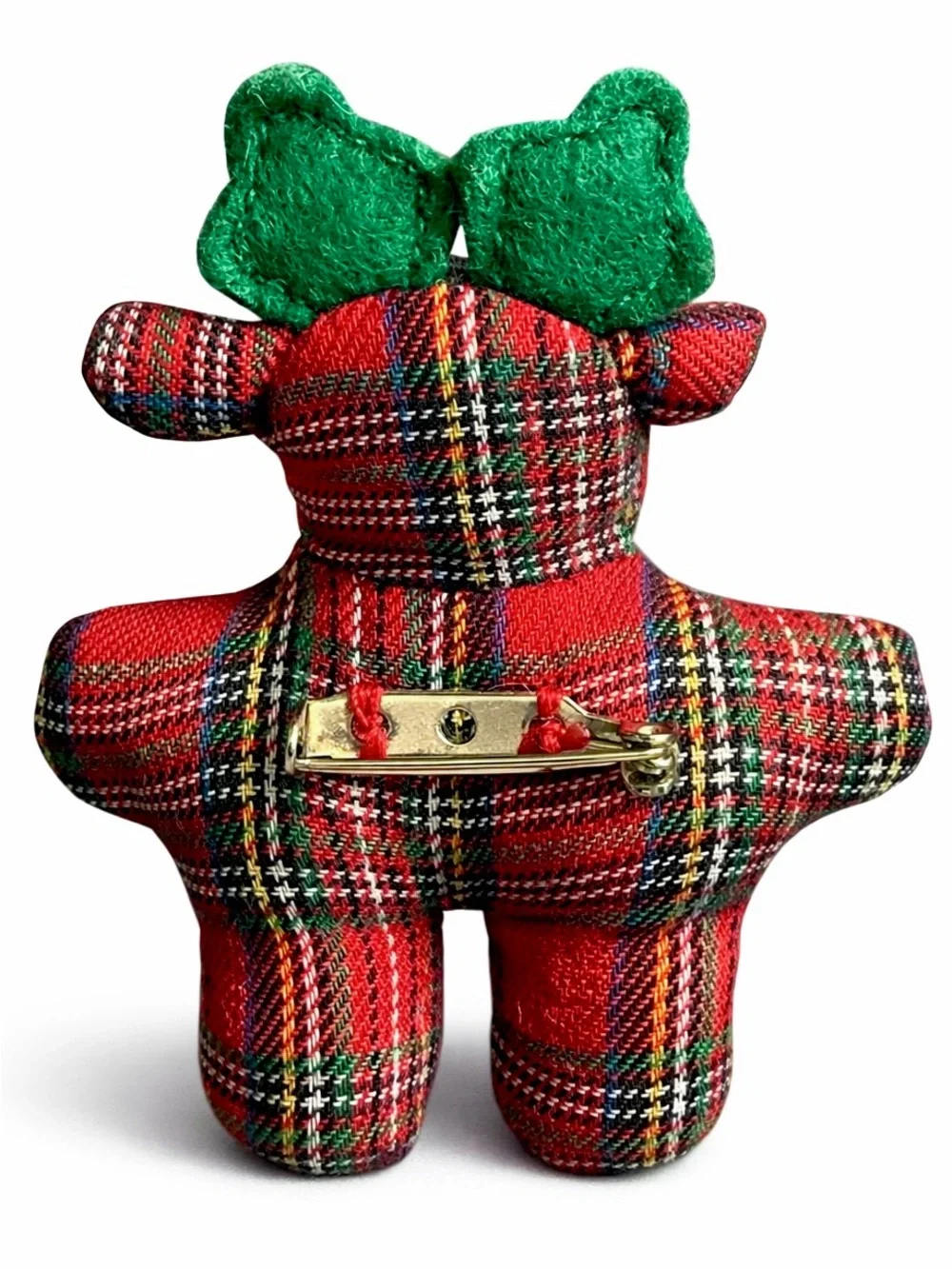 Reindeer Lapel Pin Stuffed Red & Green Tartan Plaid Christmas Holiday Vtg Brooch